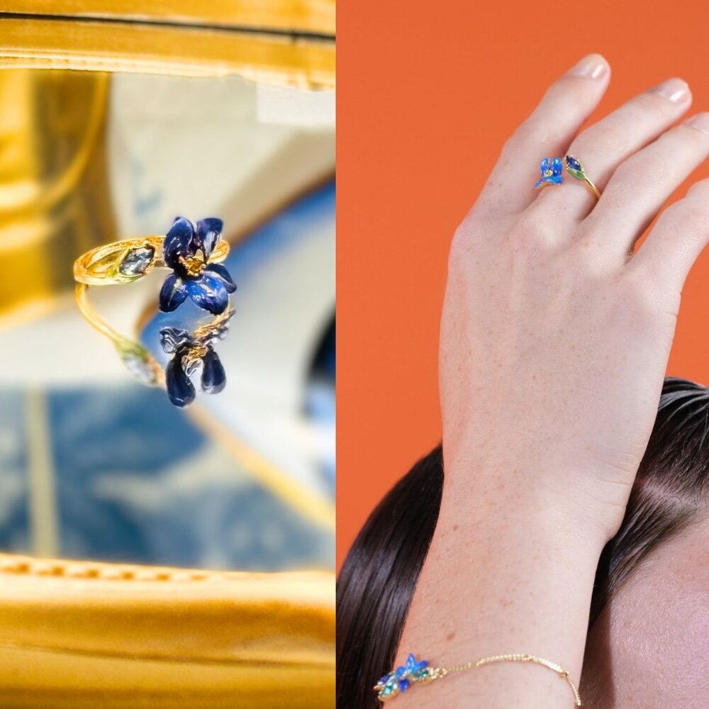 🆕 LES NEREIDES 🧿 NIB Siberian Iris and Faceted Glass Adjustable Ring